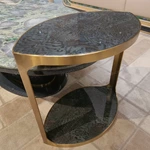 Oval Marble-Top Coffee Table with Sculpted Base and Natural Wood Veneer Detailing